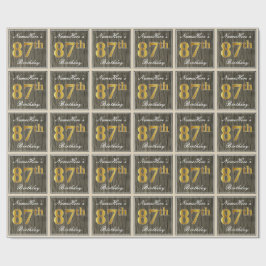 Elegant, Faux Wood, Faux Gold 87th Birthday + Naam Cadeaupapier