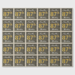 Elegant, Faux Wood, Faux Gold 87th Birthday + Naam Cadeaupapier