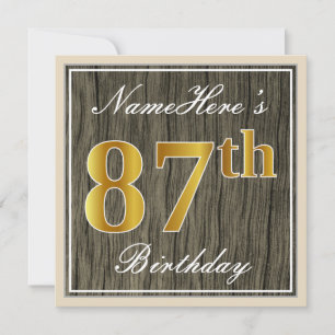 Elegant, Faux Wood, Faux Gold 87th Birthday + Naam Kaart
