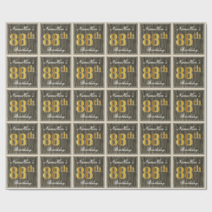 Elegant, Faux Wood, Faux Gold 88th Birthday + Naam Cadeaupapier