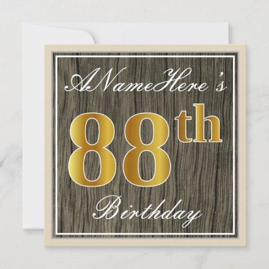 Elegant, Faux Wood, Faux Gold 88th Birthday + Naam Kaart (Voorkant)