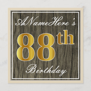 Elegant, Faux Wood, Faux Gold 88th Birthday + Naam Kaart