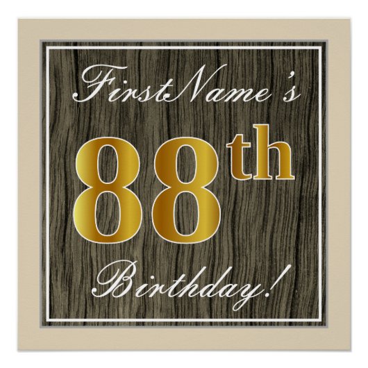 Elegant, Faux Wood, Faux Gold 88th Birthday + Naam Perfect Poster (Voorkant)