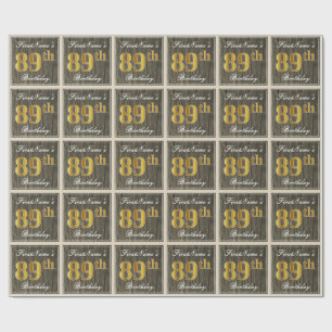 Elegant, Faux Wood, Faux Gold 89th Birthday + Naam Cadeaupapier