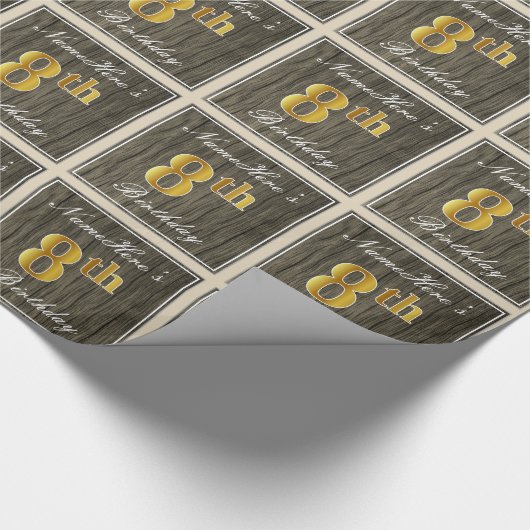 Elegant, Faux Wood, Faux Gold 8th Birthday + Naam Cadeaupapier (Hoek)