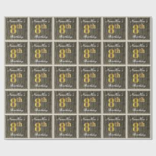 Elegant, Faux Wood, Faux Gold 8th Birthday + Naam Cadeaupapier