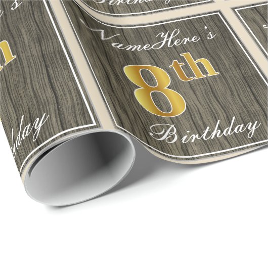 Elegant, Faux Wood, Faux Gold 8th Birthday + Naam Cadeaupapier (Rol Hoek)