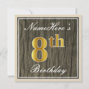 Elegant, Faux Wood, Faux Gold 8th Birthday + Naam Kaart