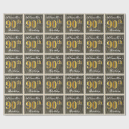 Elegant, Faux Wood, Faux Gold 90th Birthday + Naam Cadeaupapier