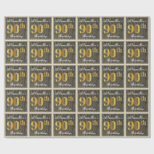 Elegant, Faux Wood, Faux Gold 90th Birthday + Naam Cadeaupapier