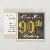 Elegant, Faux Wood, Faux Gold 90th Birthday + Naam Kaart (Voorkant / Achterkant)