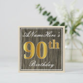 Elegant, Faux Wood, Faux Gold 90th Birthday + Naam Kaart (Staand voorkant)