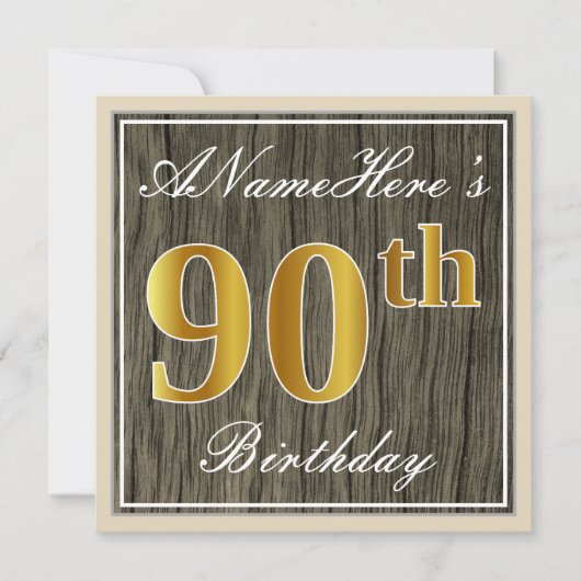 Elegant, Faux Wood, Faux Gold 90th Birthday + Naam Kaart (Voorkant)