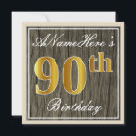 Elegant, Faux Wood, Faux Gold 90th Birthday   Naam Kaart<br><div class="desc">Dit eenvoudige en elegante uitnodigingsontwerp voor verjaardagsfeestjes heeft een gepersonaliseerde boodschap zoals "ANameHere’s 90th Birthday" (met de "90th" met een faux/imitatie goudachtige kleurlook) binnen een rustiek faux/imitatie houten uiterlijk vierkant met een eenvoudige randomtrek. De naam is in een elegante wit-gekleurde script-achtige tekst, en kan worden aangepast. De achterkant bevat aanpasbare...</div>