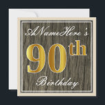 Elegant, Faux Wood, Faux Gold 90th Birthday   Naam Kaart<br><div class="desc">Dit eenvoudige en elegante uitnodigingsontwerp voor verjaardagsfeestjes heeft een gepersonaliseerde boodschap zoals "ANameHere’s 90th Birthday" (met de "90th" met een faux/imitatie goudachtige kleurlook) binnen een rustiek faux/imitatie houten uiterlijk vierkant met een eenvoudige randomtrek. De naam is in een elegante wit-gekleurde script-achtige tekst, en kan worden aangepast. De achterkant bevat aanpasbare...</div>
