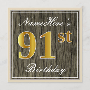 Elegant, Faux Wood, Faux Gold 91st Birthday + Naam Kaart