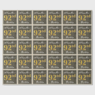 Elegant, Faux Wood, Faux Gold 92nd Birthday + Naam Cadeaupapier