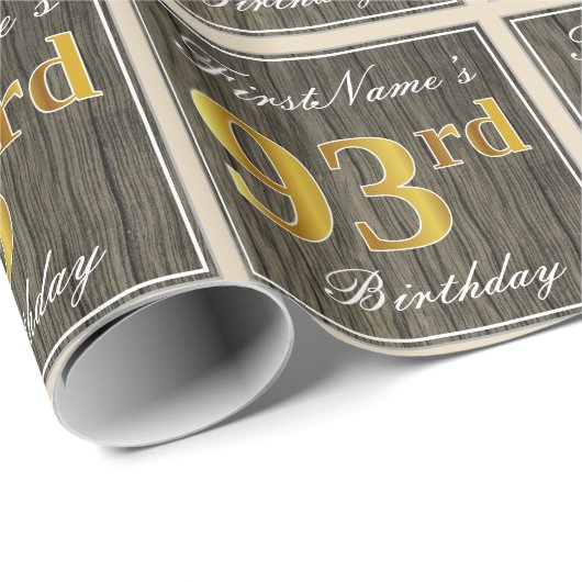 Elegant, Faux Wood, Faux Gold 93rd Birthday + Naam Cadeaupapier (Rol Hoek)