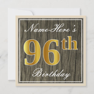 Elegant, Faux Wood, Faux Gold 96th Birthday + Naam Kaart