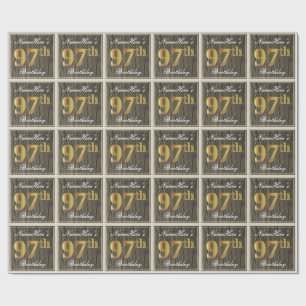 Elegant, Faux Wood, Faux Gold 97th Birthday + Naam Cadeaupapier