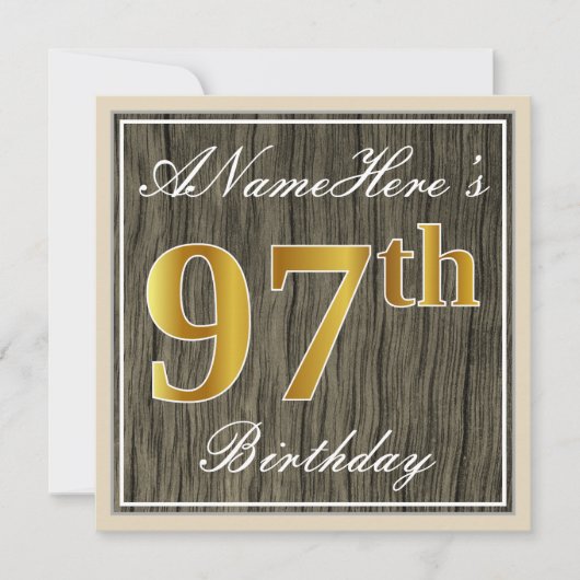 Elegant, Faux Wood, Faux Gold 97th Birthday + Naam Kaart (Voorkant)