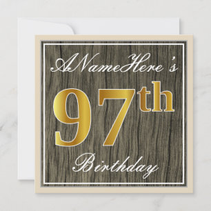 Elegant, Faux Wood, Faux Gold 97th Birthday + Naam Kaart