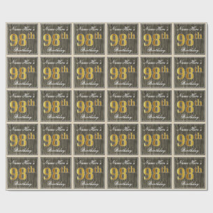 Elegant, Faux Wood, Faux Gold 98th Birthday + Naam Cadeaupapier