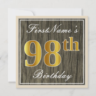 Elegant, Faux Wood, Faux Gold 98th Birthday + Naam Kaart