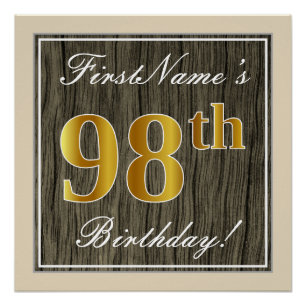 Elegant, Faux Wood, Faux Gold 98th Birthday + Naam Poster