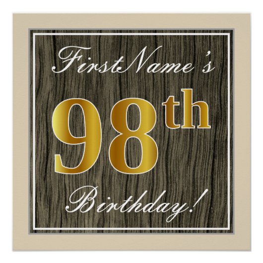 Elegant, Faux Wood, Faux Gold 98th Birthday + Naam Poster (Voorkant)