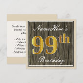 Elegant, Faux Wood, Faux Gold 99th Birthday + Naam Kaart (Voorkant / Achterkant)
