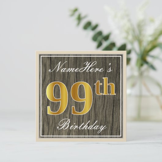 Elegant, Faux Wood, Faux Gold 99th Birthday + Naam Kaart (Staand voorkant)