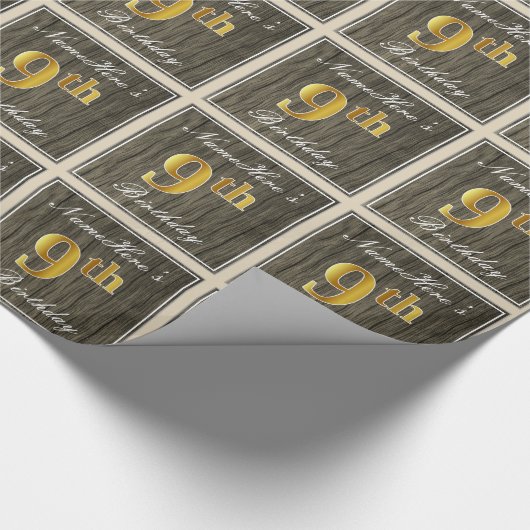 Elegant, Faux Wood, Faux Gold 9th Birthday + Naam Cadeaupapier (Hoek)