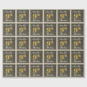 Elegant, Faux Wood, Faux Gold 9th Birthday + Naam Cadeaupapier