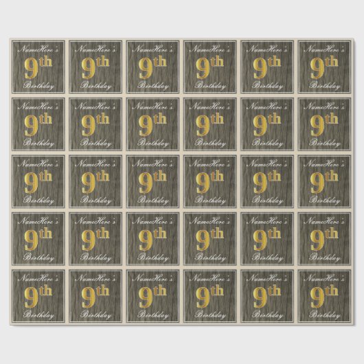 Elegant, Faux Wood, Faux Gold 9th Birthday + Naam Cadeaupapier (Vlak)