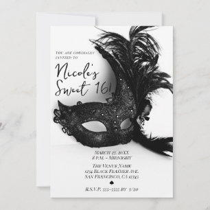Elegant Feather Maskerade Zwart & Wit Sweet 16 Kaart