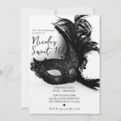 Elegant Feather Masquerade Black & White Sweet 16 Kaart (Voorkant)