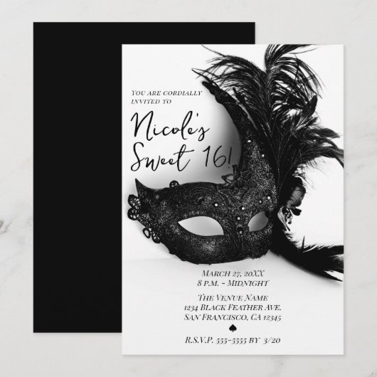 Elegant Feather Masquerade Black & White Sweet 16 Kaart (Voorkant / Achterkant)