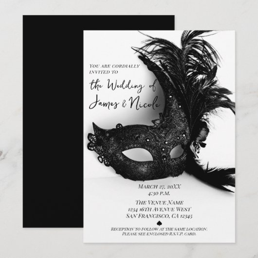 Elegant Feather Masquerade Black White Wedding Kaart (Voorkant / Achterkant)