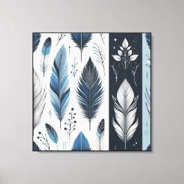 Elegant Feather Symphony in Blue & Silver Canvas Afdruk