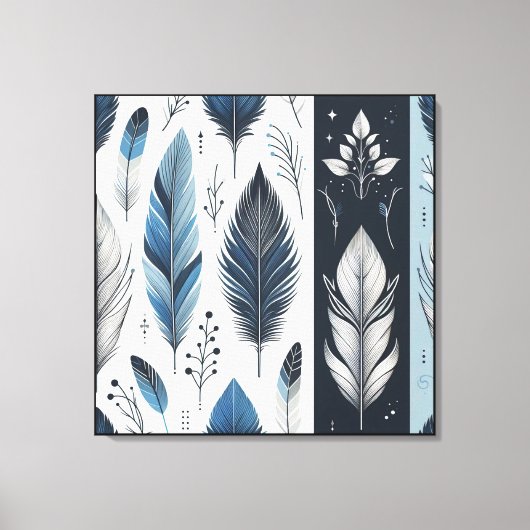 Elegant Feather Symphony in Blue & Silver Canvas Afdruk (Voorkant)