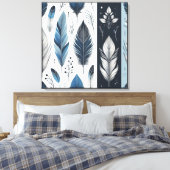 Elegant Feather Symphony in Blue & Silver Canvas Afdruk (Insitu (Slaapkamer))