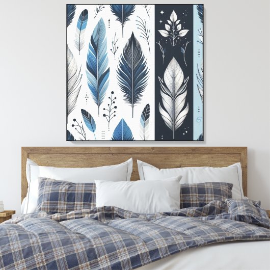 Elegant Feather Symphony in Blue & Silver Canvas Afdruk (Insitu (Slaapkamer))