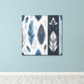 Elegant Feather Symphony in Blue & Silver Canvas Afdruk (Insitu (Houten vloer))