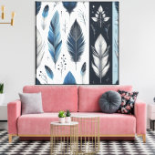 Elegant Feather Symphony in Blue & Silver Canvas Afdruk (Insitu (Woonkamer))
