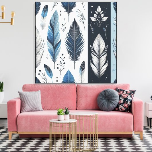 Elegant Feather Symphony in Blue & Silver Canvas Afdruk (Insitu (Woonkamer))