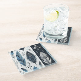 Elegant Feather Symphony in Blue & Silver Glazen Onderzetter