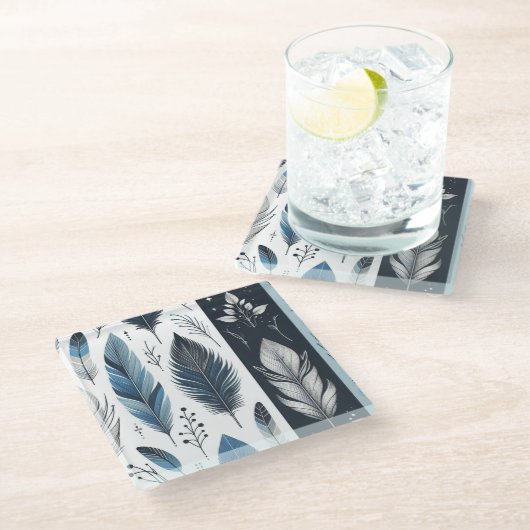 Elegant Feather Symphony in Blue & Silver Glazen Onderzetter (Schuin)