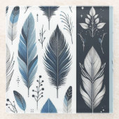 Elegant Feather Symphony in Blue & Silver Glazen Onderzetter (Voorkant)