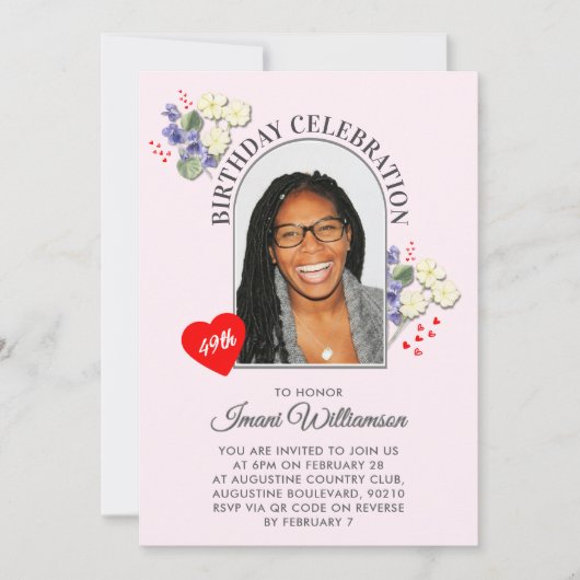 Elegant FEBRUARY Floral ANY AGE Photo Birthday Kaart (Voorkant)